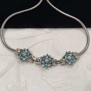 Vintage Silver Necklace With Rhinestone Flowers